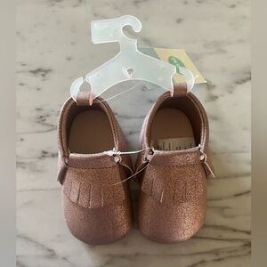 Cat & Jack Baby Girl’s Moccasin Shoes Fringe Pink Glitter Metallic Sparkly 3-6m.